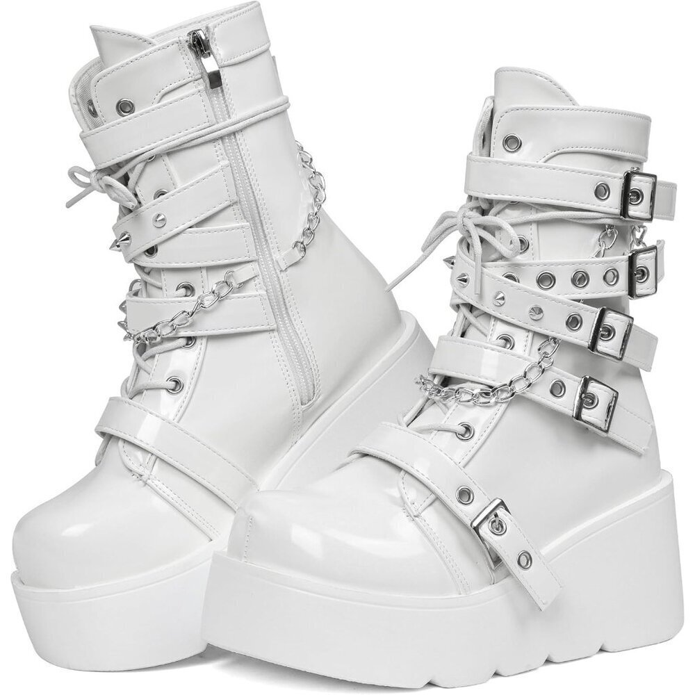Women Polyurethane B-white Wedge Round Toe Buckle Combat Leather Platform Boots